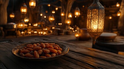 Obraz premium Dates and lanterns in an ancient mystical setting