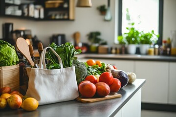 A clean eating grocery shopping haul, displayed on a kitchen counter, featuring a variety of fresh