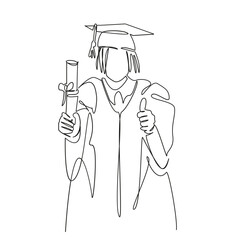 One continuous single drawing line art flat doodle graduation, achievement, education, celebration, girl, outfit, events, hand class. Isolated image hand draw contour on a white background, hand drawn