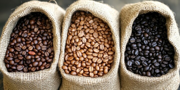 Three gunnysacks filled with a variety of coffee beans in light brown, medium brown, and dark brown colors arranged side by side on a flat surface.