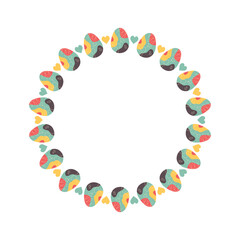 Easter egg round frame design. Easter holiday egg hunt border in colorful flat style with ornaments. Retro wreath. Stock illustration card isolated