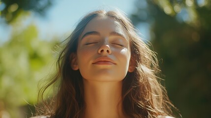 Fototapeta premium Woman breathes deeply, sunlit park, peace, skincare ad