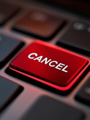 Close-up view of conceptual black notebook keyboard with a red button that says cancel, Concept of cancel culture social media and internet, AI generated