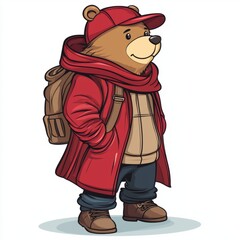 A Brown Bear Traveler Wearing Red Coat Backpack