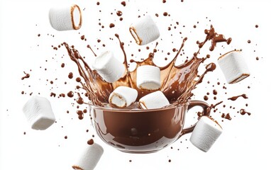 Flying marshmallows with hot chocolate splashes, sweet and vibrant, isolated on white background