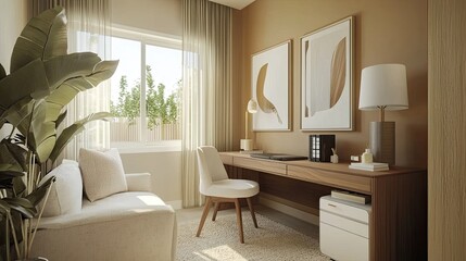 Fototapeta premium A bohemian style home office with a natural wood desk, a modern white armchair, and an abstract art poster on the wall. Minimalist interior design of a living room or bedroom
