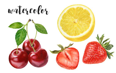 Hand-Painted Watercolor Cherries, Lemon Slices, and Strawberries Illustration Isolated on White