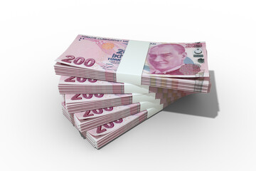 3d rendering of Stack of 200 Turkish Lira notes. Few bundles of Turkey Lira currency isolated on transparent background
