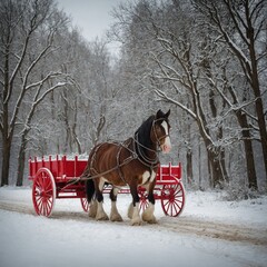 A Clydesdale pulling a red and white wagon in a snowy winter scene.