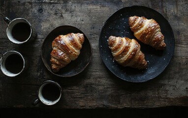 Golden, flaky croissants neatly arranged on a dark wooden surface with coffee cups nearby