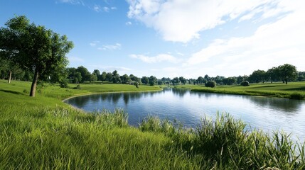 Fototapeta premium Serene landscape with a calm lake surrounded by lush greenery.