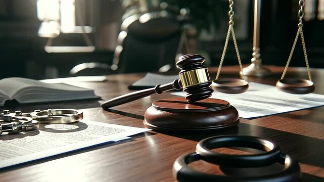 Handcuffs on Judges Desk with Legal Documents and Gavel