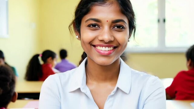 Portrait of smiling female Indian teacher in a class at school looking at camera. Dedicated female teacher, who believes that a smile can make all the difference in education.