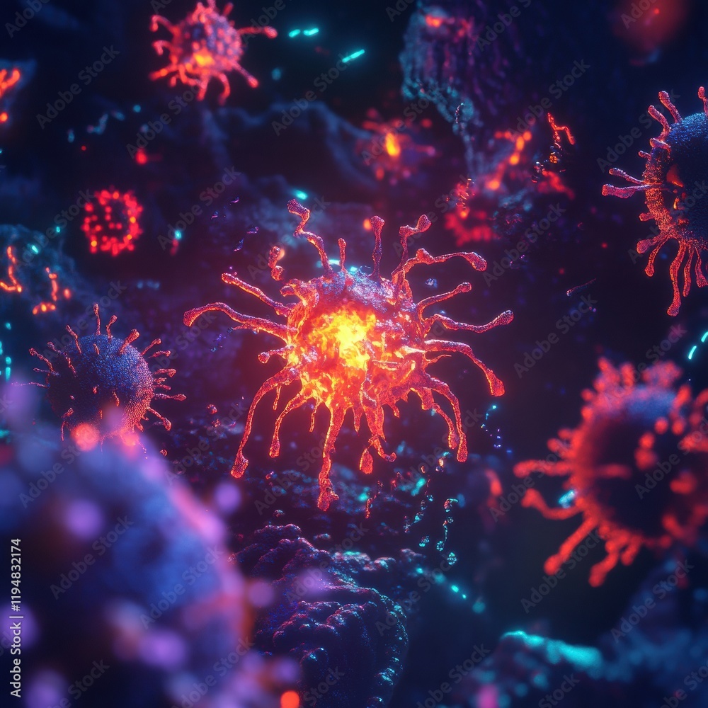 Leinwandbilder glowing cell surrounded by menacing viruses in a vibrant microscopic environment. generative ai