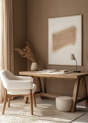A bohemian style home office with a natural wood desk, a modern white armchair, and an abstract art poster on the wall. Minimalist interior design of a living room or bedroom