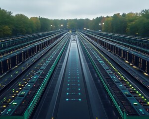 Rows of servers in outdoor data center.