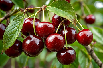Ripe Red Cherries Hanging on a Tree Branch