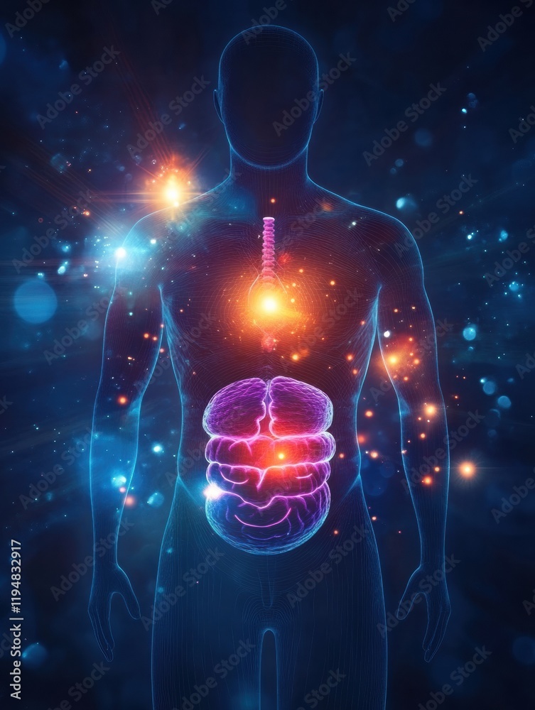 Poster glowing human torso with red focal point in the stomach area illuminated against a dark background f