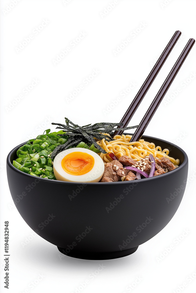 Wall mural Bowl of ramen with chopsticks, isolated on white background