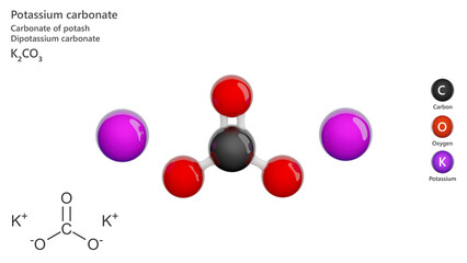 Molecule: Potassium Carbonate. E501 food additive. Molecular structure. Formula: K2CO3. Chemical model: Ball and stick. White background. 3D illustration.