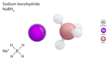 Molecule: Sodium Borohydride. Molecular structure. Formula: NaBH4. Chemical model: Ball and stick. White background. 3D illustration.