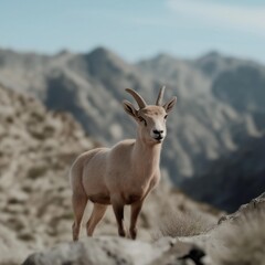 Obraz premium A goat stands on a rocky mountain top. The goat is looking to the right. The mountain range in the background is covered in snow