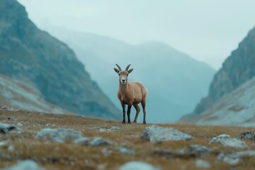 Obraz premium A goat stands in a field of rocks and grass. The goat is brown and has a large horn on its head. The scene is peaceful and serene, with the goat being the only living thing in the image