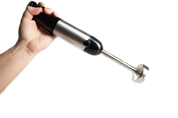 Modern immersion blender with a chopper in hand on a white background, isolate.