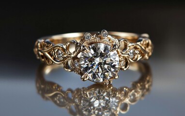 Fototapeta premium A vintage-style diamond engagement ring with intricate filigree detailing on a gold band, placed on a reflective surface