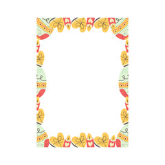 Easter egg rectangle frame design. Easter holiday egg hunt border in colorful flat style with heart cake. Retro wreath. Stock illustration card