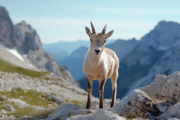 Fototapeta premium A goat stands on a rocky mountain top, looking out over the landscape. The scene is serene and peaceful, with the goat as the focal point