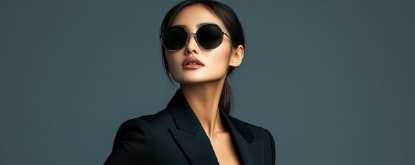 Beautiful asian woman in a black suit and sunglasses confidently posing against a gray background, showcasing a chic and modern style with an elegant and professional demeanor