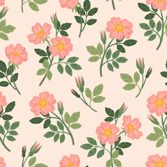 Vintage vector pattern with briar rose flowers. Romantic seamless floral texture on beige background. Beautiful template for wrapping paper or wedding invitation