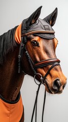 Fototapeta premium Majestic brown horse in stylish ear bonnet and elegant bridle