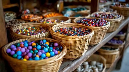 Fototapeta premium A vibrant display of colorful beads in woven baskets at a market.
