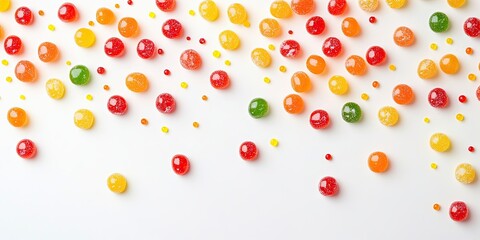 Vibrant jelly candies in red, yellow, orange, and green scattered across a white background with ample negative space for text integration.