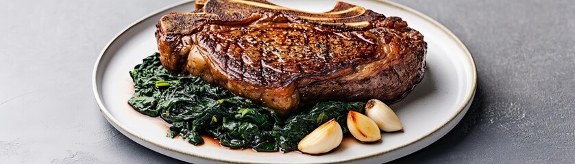 Classic ribeye steak with a golden crust, served with sauteed spinach and roasted garlic cloves