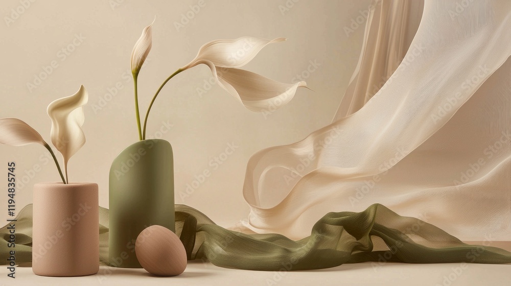 Poster soft, flowing shapes in muted olive blend with delicate floral elements and smooth surfaces, creatin