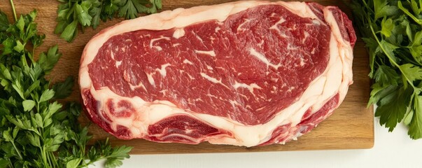 Fototapeta premium Close-up of a marbled raw ribeye steak on a butcher's block, surrounded by fresh herbs