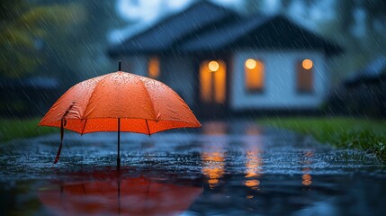 Orange umbrella in rain, house background, rainy night, home safety