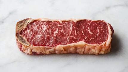 Obraz premium Close-up of a raw ribeye steak with visible marbling, ready for seasoning