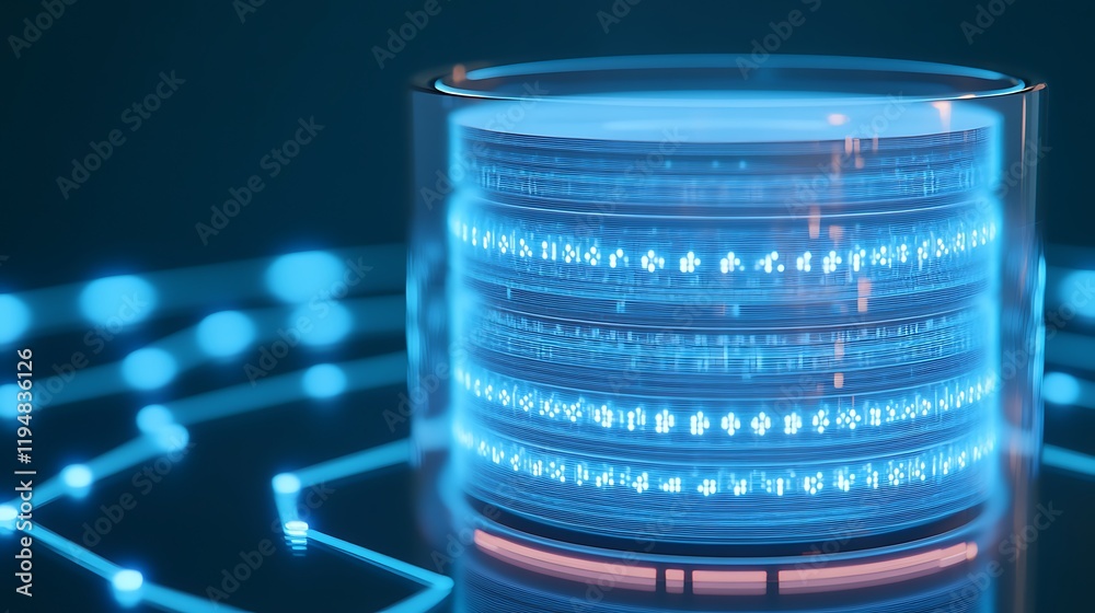 Poster futuristic data storage device with glowing circuits in a tech-inspired conceptual visualization