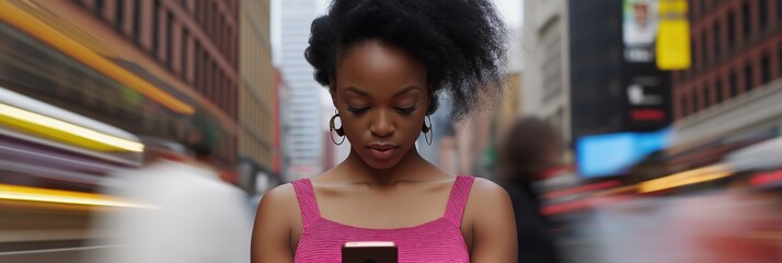 A woman is looking at her cell phone while walking down a busy street. Concept of modern life and the constant presence of technology in our daily routines