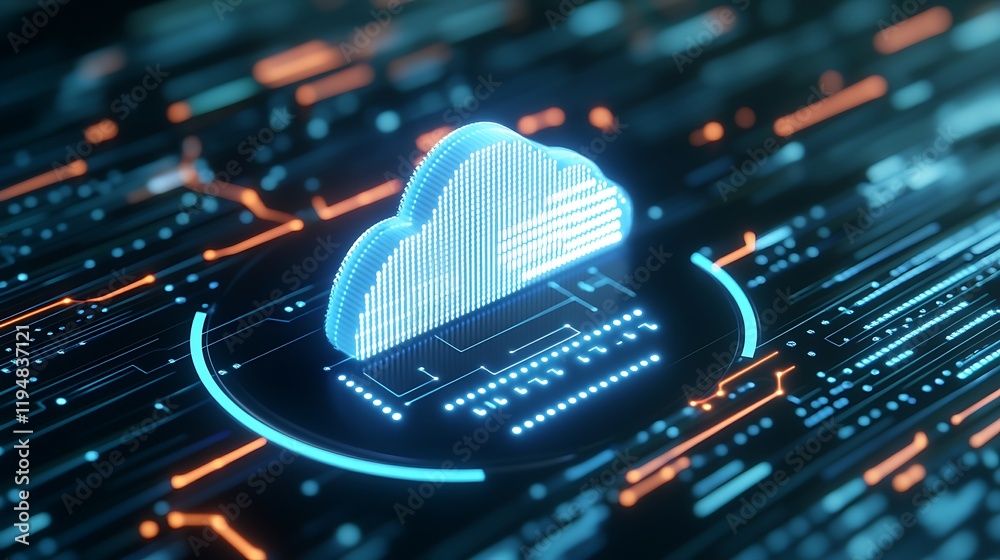 Poster futuristic digital cloud computing illustration with glowing lines on a dark network data background