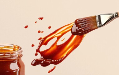 Barbecue sauce flying out of a jar with bold, glossy streaks and a brush nearby on a pastel beige background