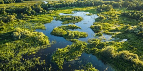 Aerial view of a lush green wetland park with winding water channels and diverse vegetation under bright sunlight showcasing nature's beauty