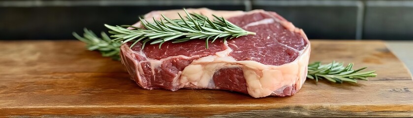 Dry-aged ribeye steak resting on a rustic board with a garnish of fresh rosemary