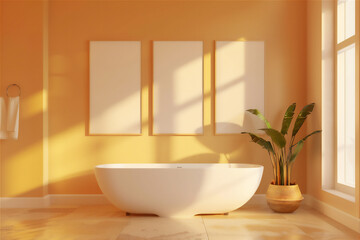Minimalist Bathroom interior with bathtube and blank poster frame on the wall, version 23