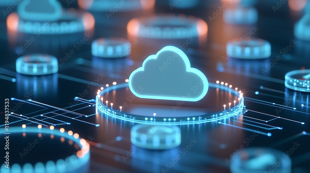 Poster futuristic digital cloud concept with glowing elements and tech background for networking and data s