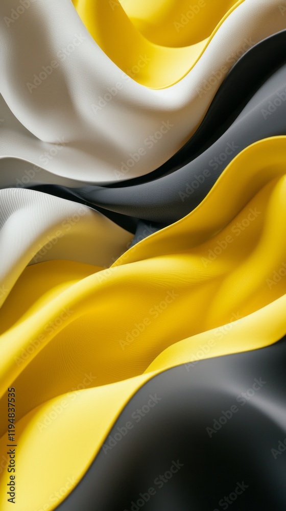 Poster soft, flowing waves ripple through fabric in shades of butter yellow, pure white, and deep black, cr